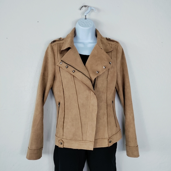 Promesa Jackets & Blazers - Promesa Tan Moto Studded Jacket Large Faux Suede